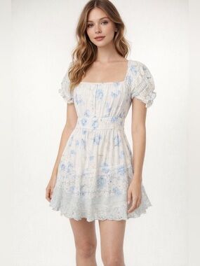 ✨ LoveShackFancy Blue Floral Lace-Trim Mini Dress – Size S ✨